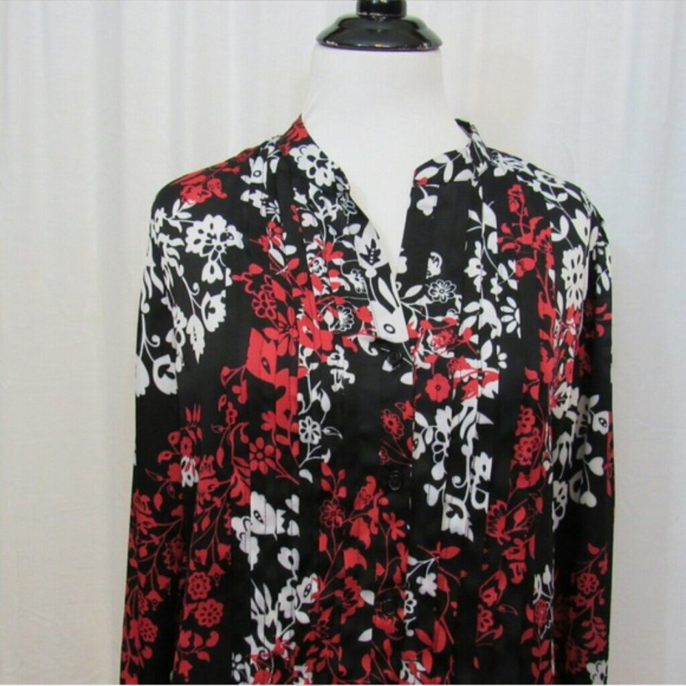 Ladies Long Sleeve Collarless Blouse in Red, Black and White Floral Print